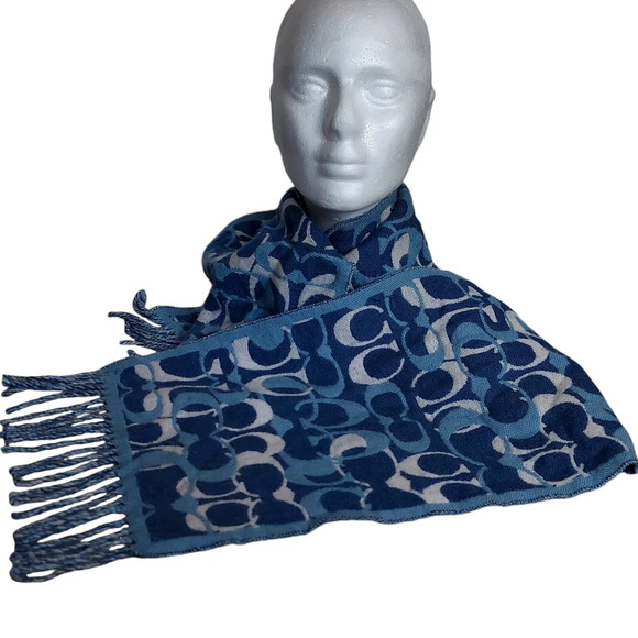 Coach Blues Monogram 100% Merino Wool Oversized‎ Scarf Muffler with fringe - Picture 1 of 15
